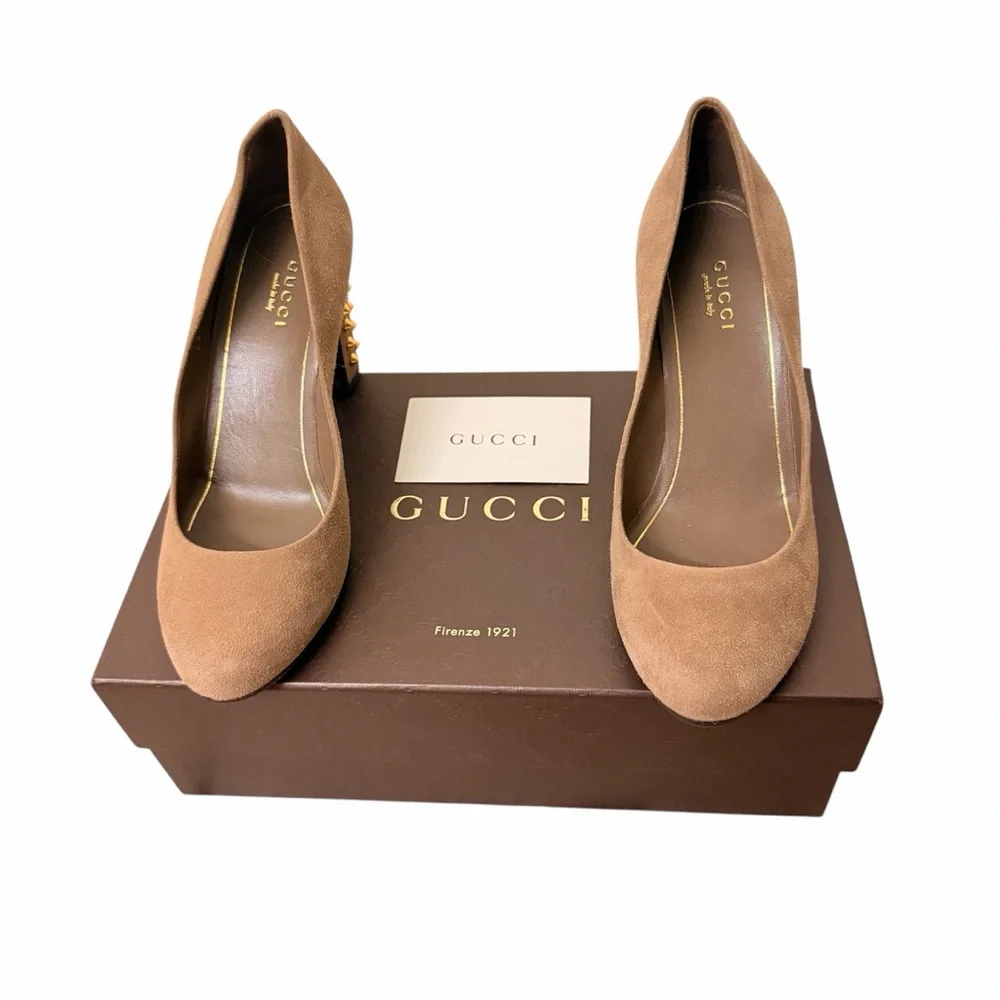Gucci Women's Tan Suede Round-Toe Pumps - Picture 4 of 11